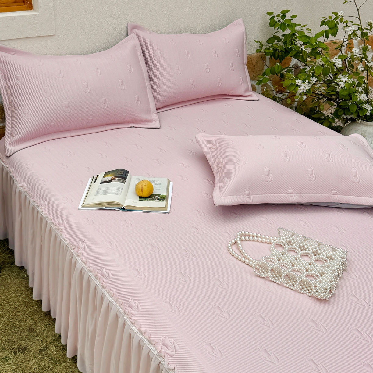 91家纺网 家纺一手货源 找家纺 恋尚羽家纺 2026新款高分子PE凉泡泡大床裙凉感席波浪冰豆豆凉席席子三件套-郁金香 郁金香-粉色