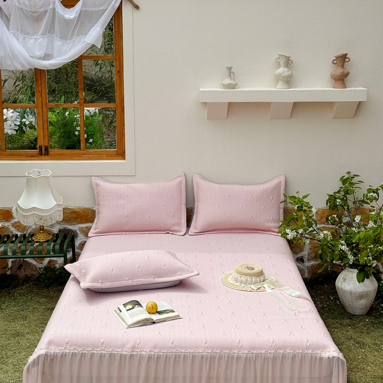 91家纺网 家纺一手货源 找家纺 恋尚羽家纺 2026新款高分子PE凉泡泡大床裙凉感席波浪冰豆豆凉席席子三件套-郁金香 郁金香-粉色