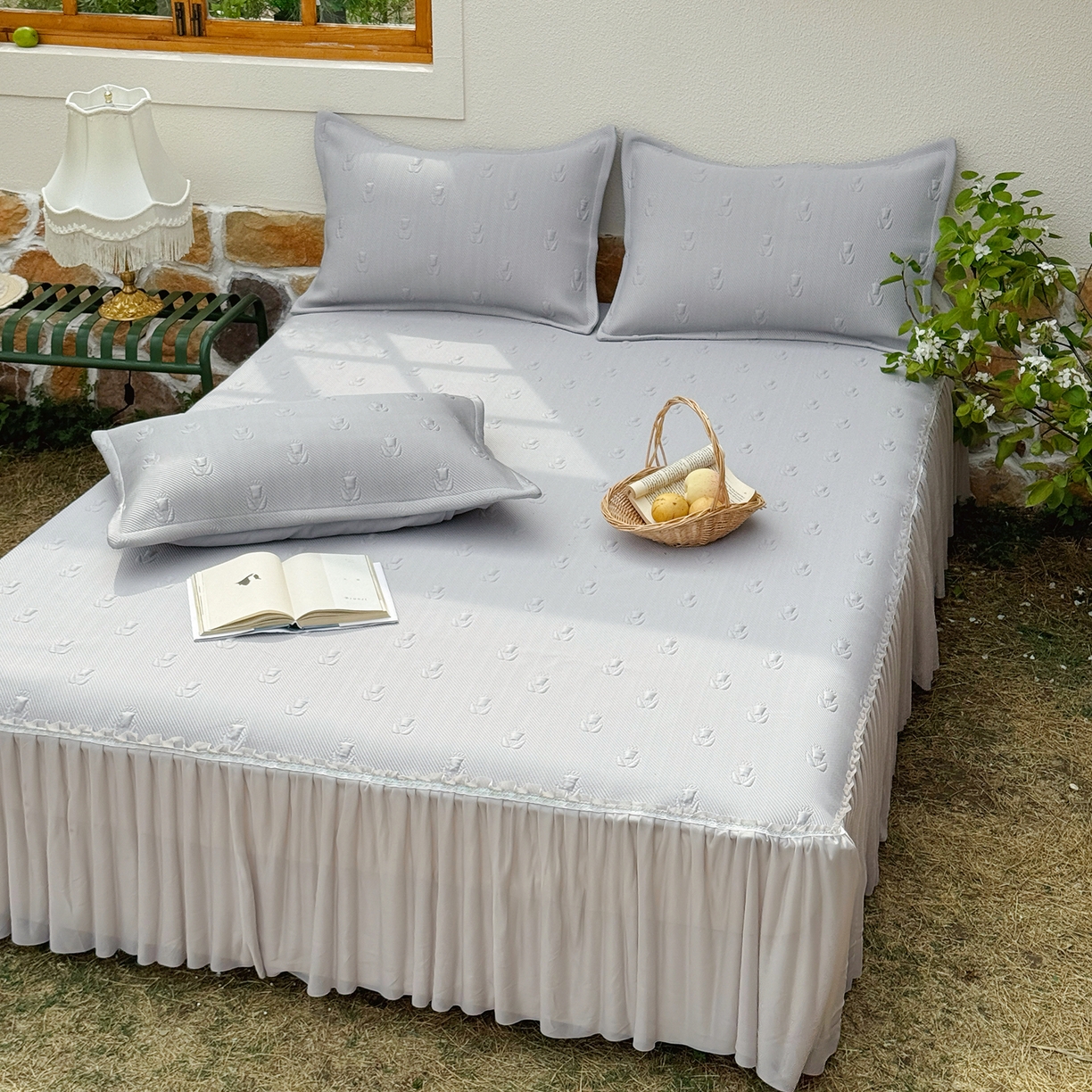 91家纺网 家纺一手货源 找家纺 恋尚羽家纺 2026新款高分子PE凉泡泡大床裙凉感席波浪冰豆豆凉席席子三件套-郁金香 郁金香-灰色