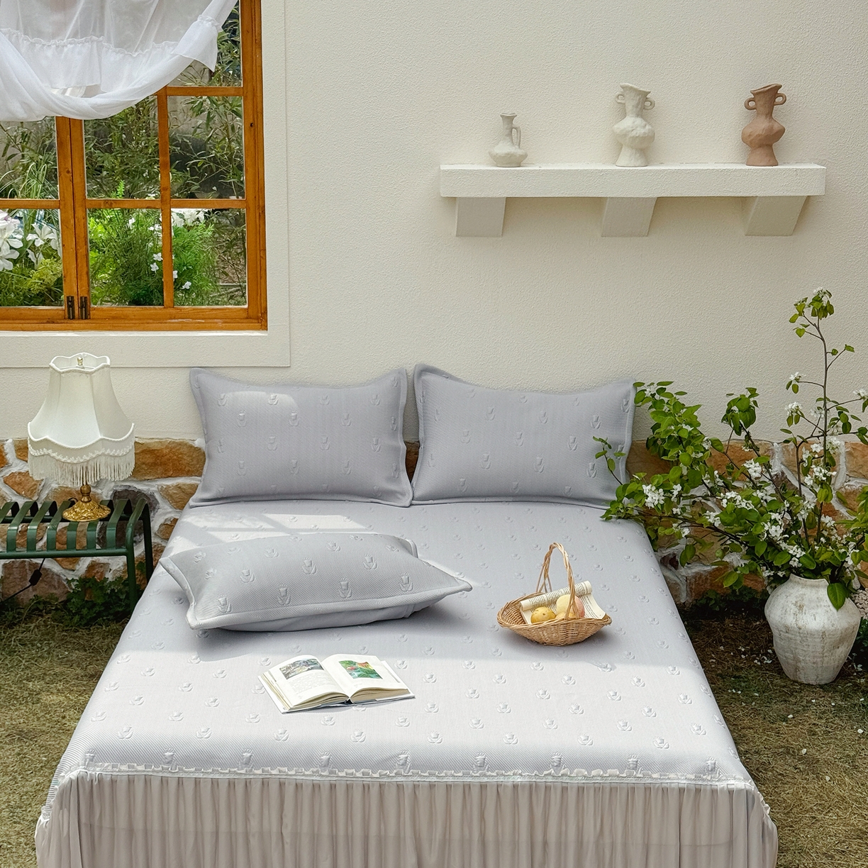 91家纺网 家纺一手货源 找家纺 恋尚羽家纺 2026新款高分子PE凉泡泡大床裙凉感席波浪冰豆豆凉席席子三件套-郁金香 郁金香-灰色