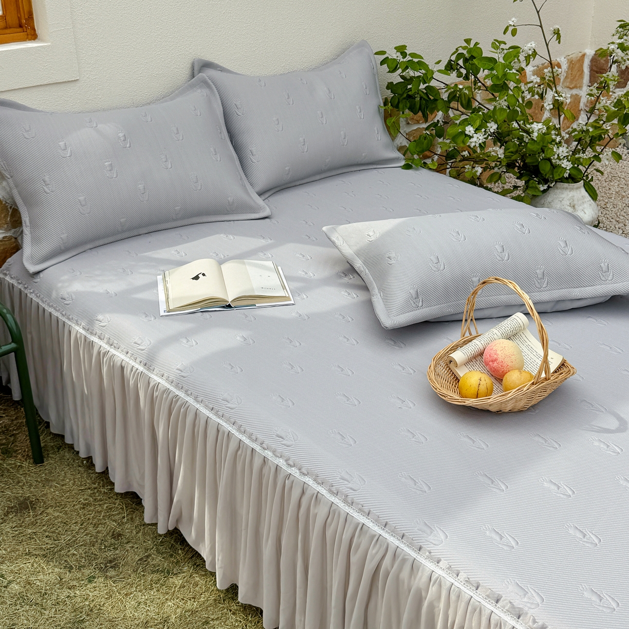 91家纺网 家纺一手货源 找家纺 恋尚羽家纺 2026新款高分子PE凉泡泡大床裙凉感席波浪冰豆豆凉席席子三件套-郁金香 郁金香-灰色