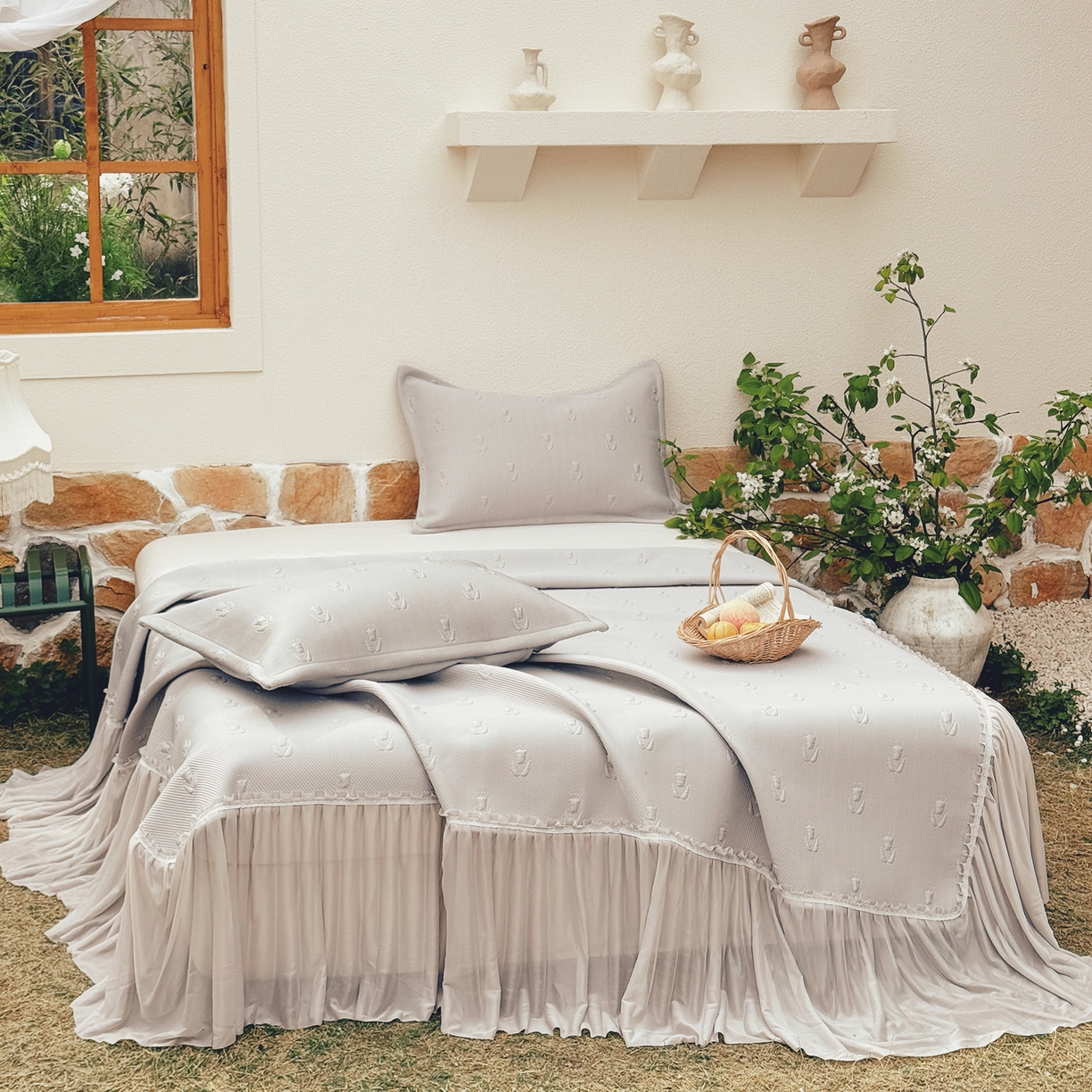 恋尚羽家纺 2026新款高分子PE凉泡泡大床裙凉感席波浪冰豆豆凉席席子三件套-郁金香 郁金香-咖色