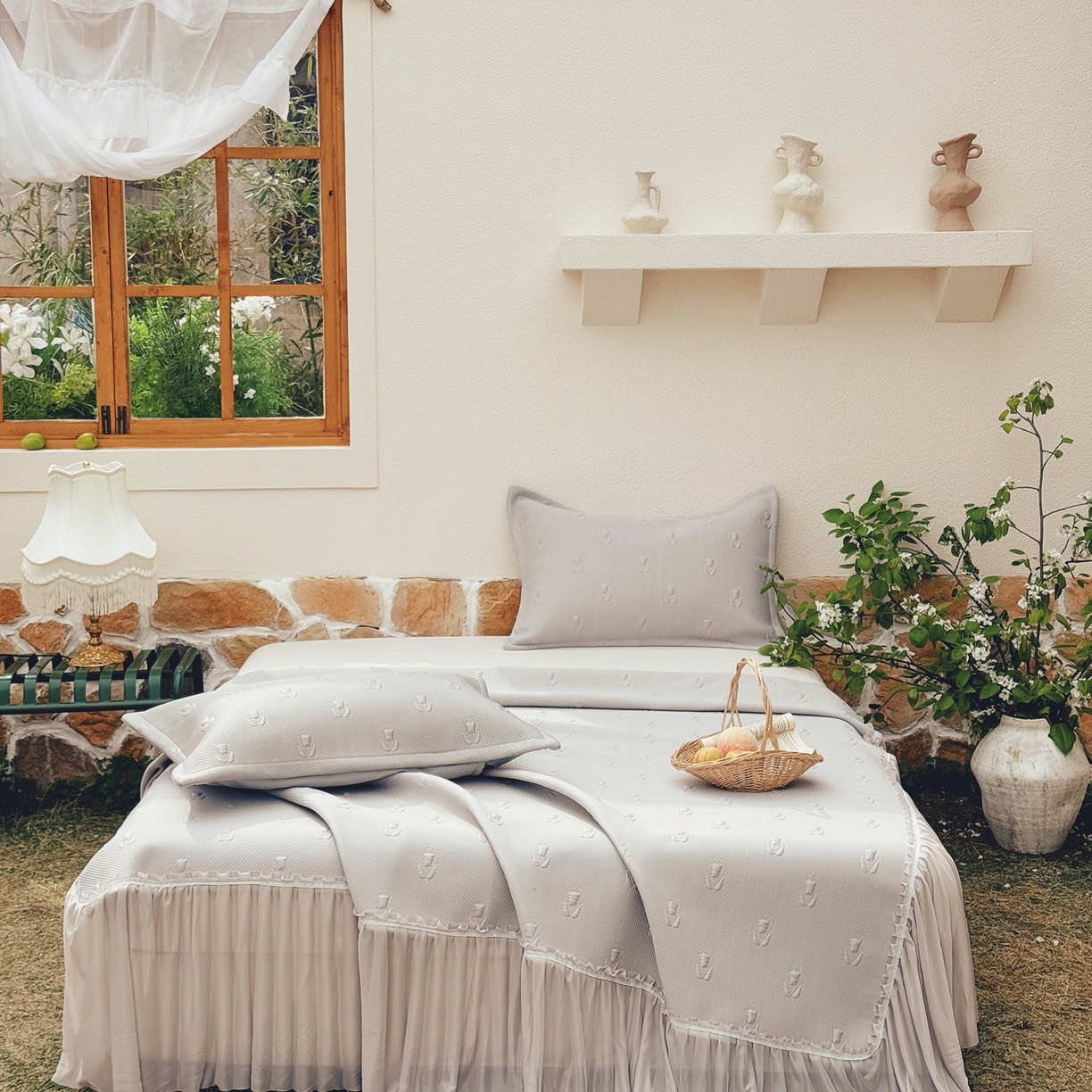 91家纺网 家纺一手货源 找家纺 恋尚羽家纺 2026新款高分子PE凉泡泡大床裙凉感席波浪冰豆豆凉席席子三件套-郁金香 郁金香-咖色