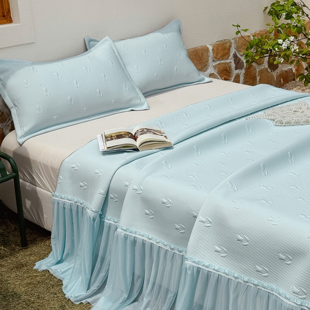 91家纺网 家纺一手货源 找家纺 恋尚羽家纺 2026新款高分子PE凉泡泡大床裙凉感席波浪冰豆豆凉席席子三件套-郁金香 郁金香-蓝色