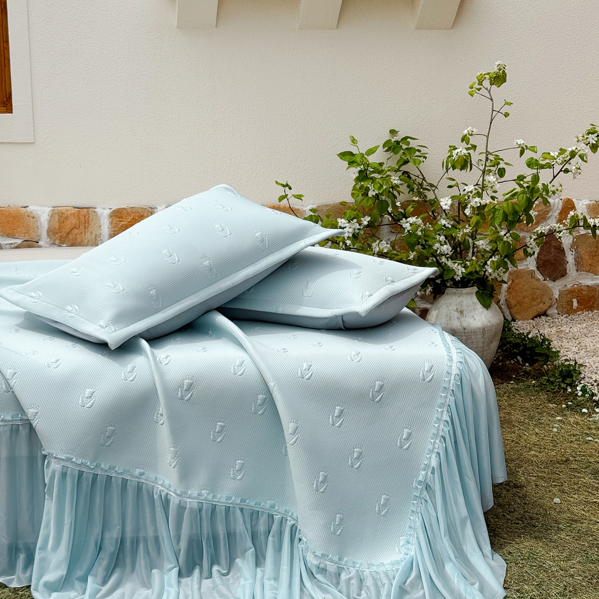 91家纺网 家纺一手货源 找家纺 恋尚羽家纺 2026新款高分子PE凉泡泡大床裙凉感席波浪冰豆豆凉席席子三件套-郁金香 郁金香-蓝色