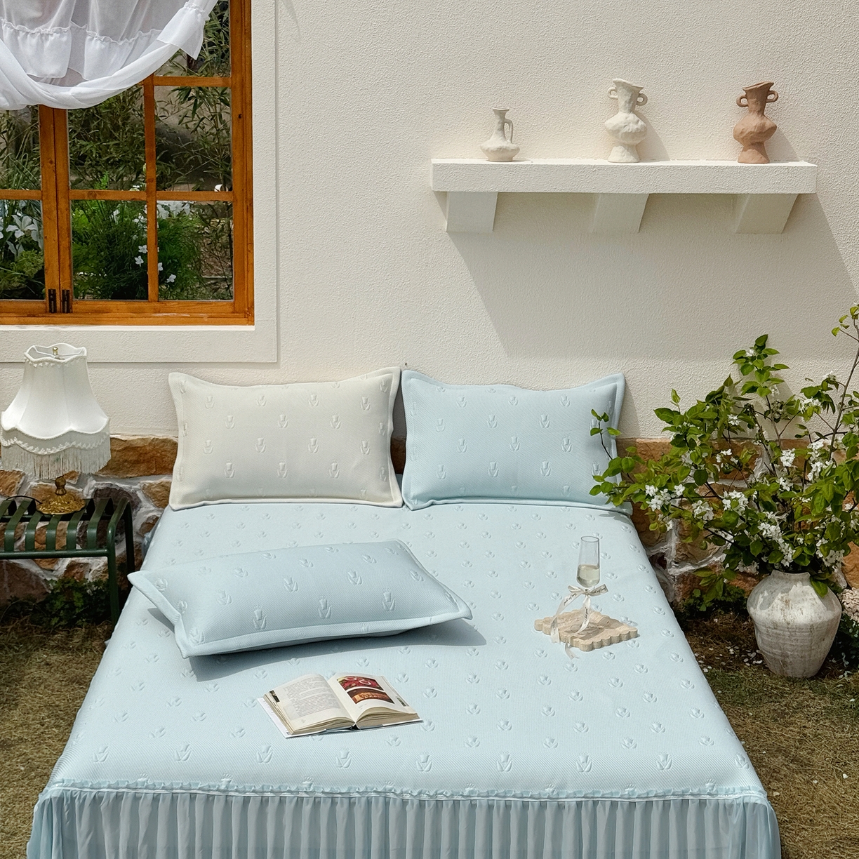 91家纺网 家纺一手货源 找家纺 恋尚羽家纺 2026新款高分子PE凉泡泡大床裙凉感席波浪冰豆豆凉席席子三件套-郁金香 郁金香-蓝色