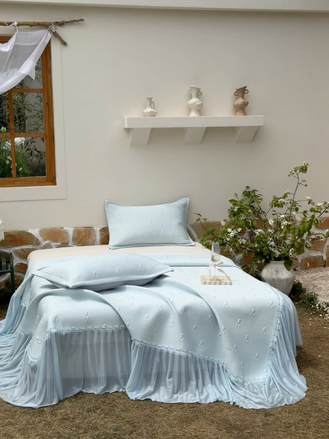 91家纺网 家纺一手货源 找家纺 恋尚羽家纺 2026新款高分子PE凉泡泡大床裙凉感席波浪冰豆豆凉席席子三件套-郁金香 郁金香-蓝色