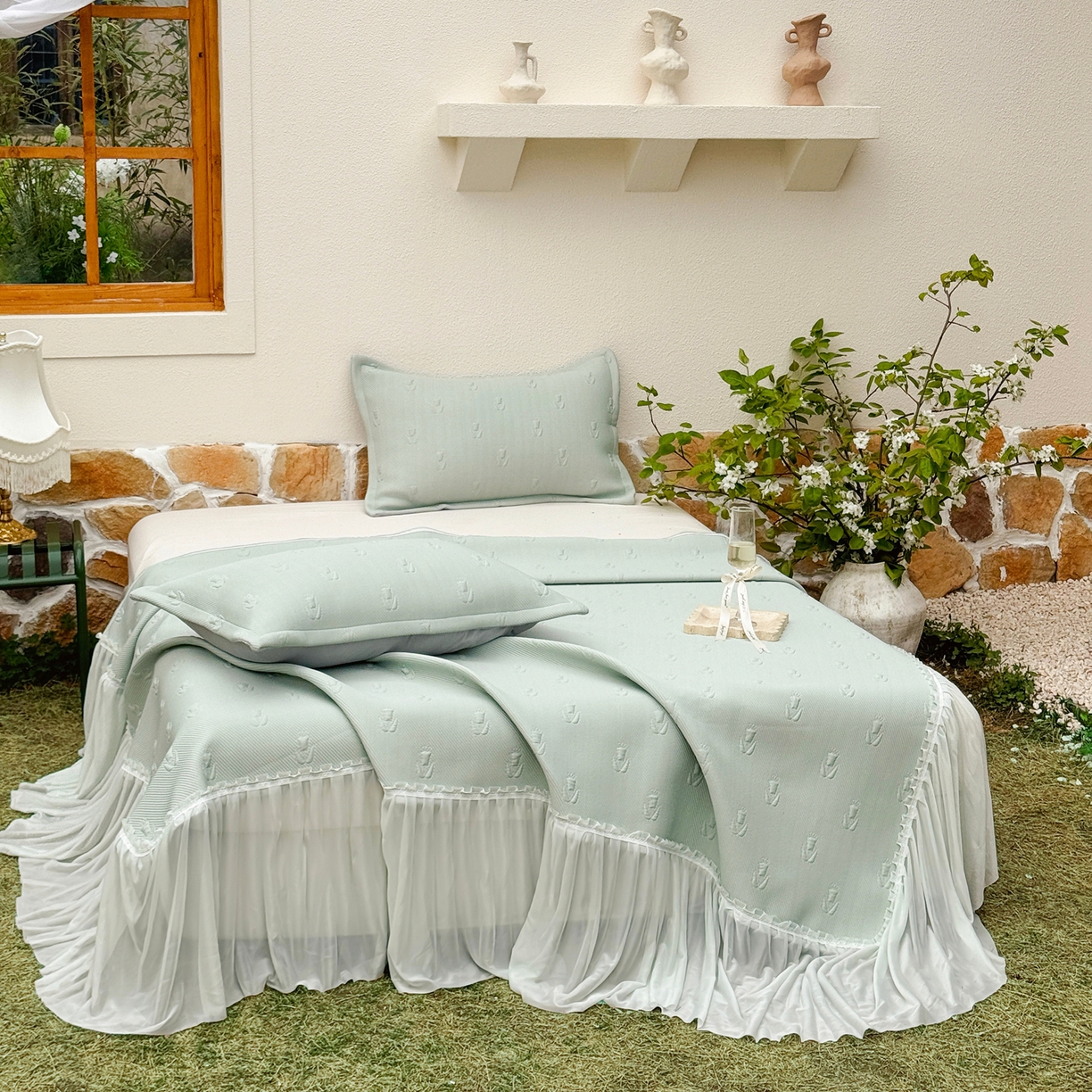 恋尚羽家纺 2026新款高分子PE凉泡泡大床裙凉感席波浪冰豆豆凉席席子三件套-郁金香 郁金香-绿色