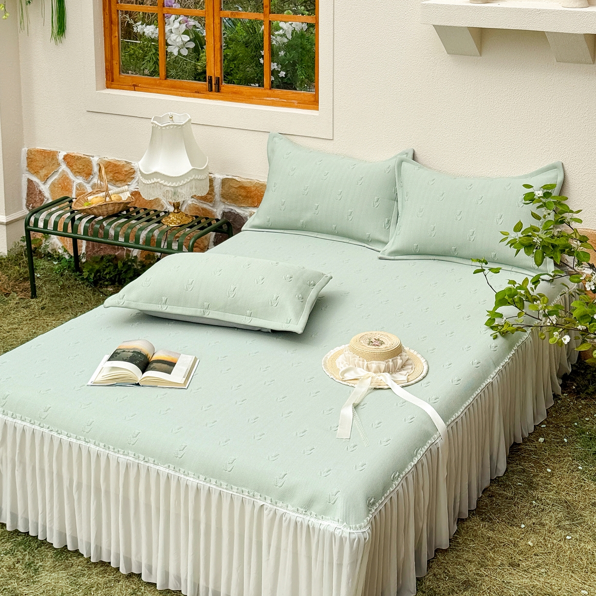 91家纺网 家纺一手货源 找家纺 恋尚羽家纺 2026新款高分子PE凉泡泡大床裙凉感席波浪冰豆豆凉席席子三件套-郁金香 郁金香-绿色