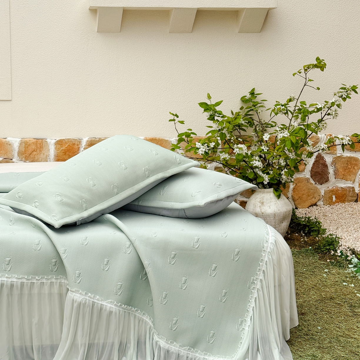 91家纺网 家纺一手货源 找家纺 恋尚羽家纺 2026新款高分子PE凉泡泡大床裙凉感席波浪冰豆豆凉席席子三件套-郁金香 郁金香-绿色