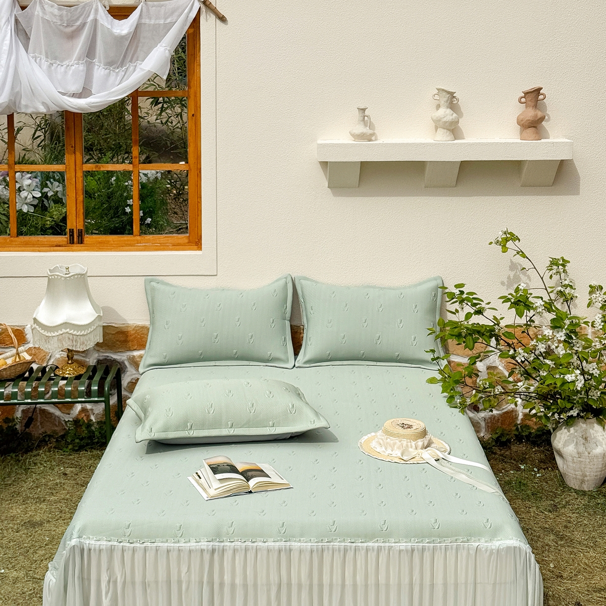 91家纺网 家纺一手货源 找家纺 恋尚羽家纺 2026新款高分子PE凉泡泡大床裙凉感席波浪冰豆豆凉席席子三件套-郁金香 郁金香-绿色