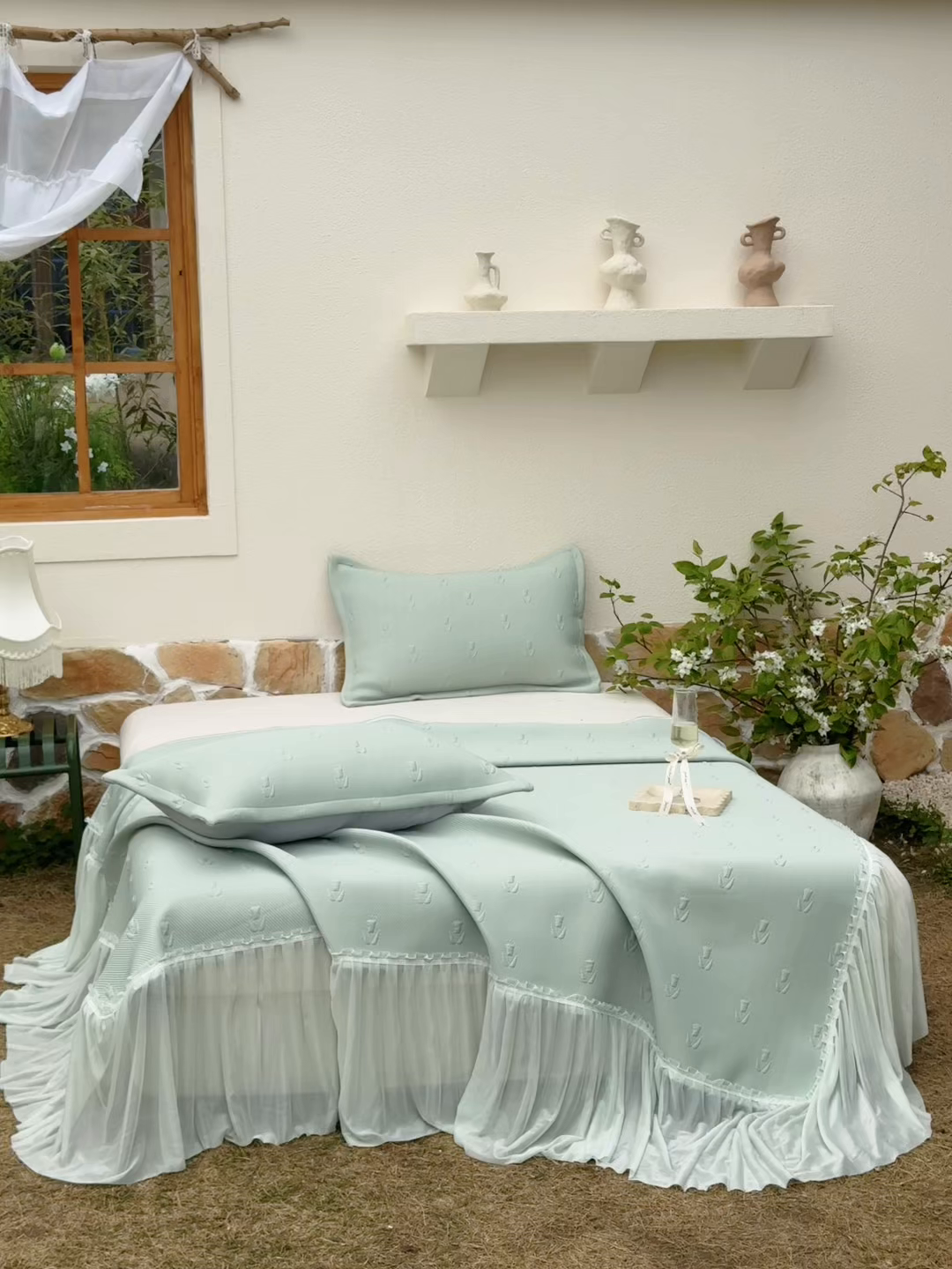 91家纺网 家纺一手货源 找家纺 恋尚羽家纺 2026新款高分子PE凉泡泡大床裙凉感席波浪冰豆豆凉席席子三件套-郁金香 郁金香-绿色