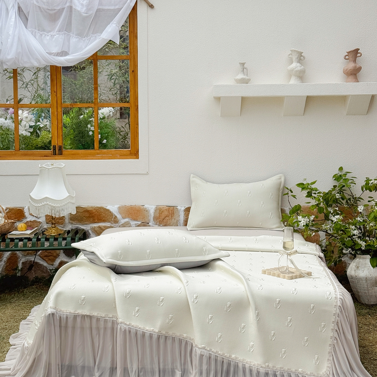 91家纺网 家纺一手货源 找家纺 恋尚羽家纺 2026新款高分子PE凉泡泡大床裙凉感席波浪冰豆豆凉席席子三件套-郁金香 郁金香-米白色