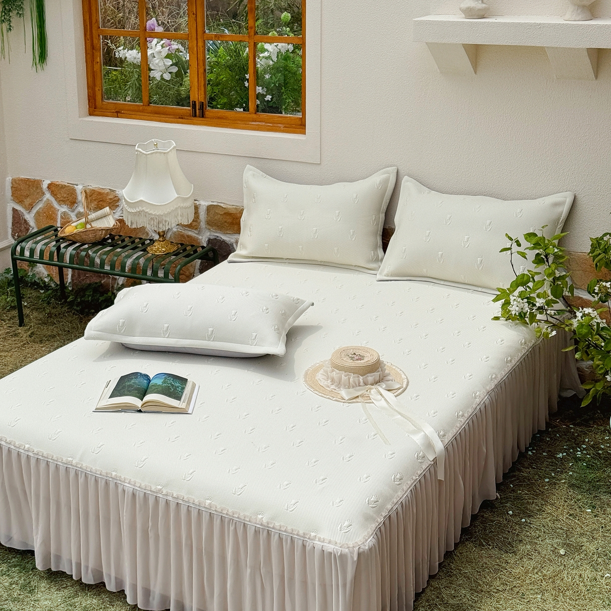 91家纺网 家纺一手货源 找家纺 恋尚羽家纺 2026新款高分子PE凉泡泡大床裙凉感席波浪冰豆豆凉席席子三件套-郁金香 郁金香-米白色