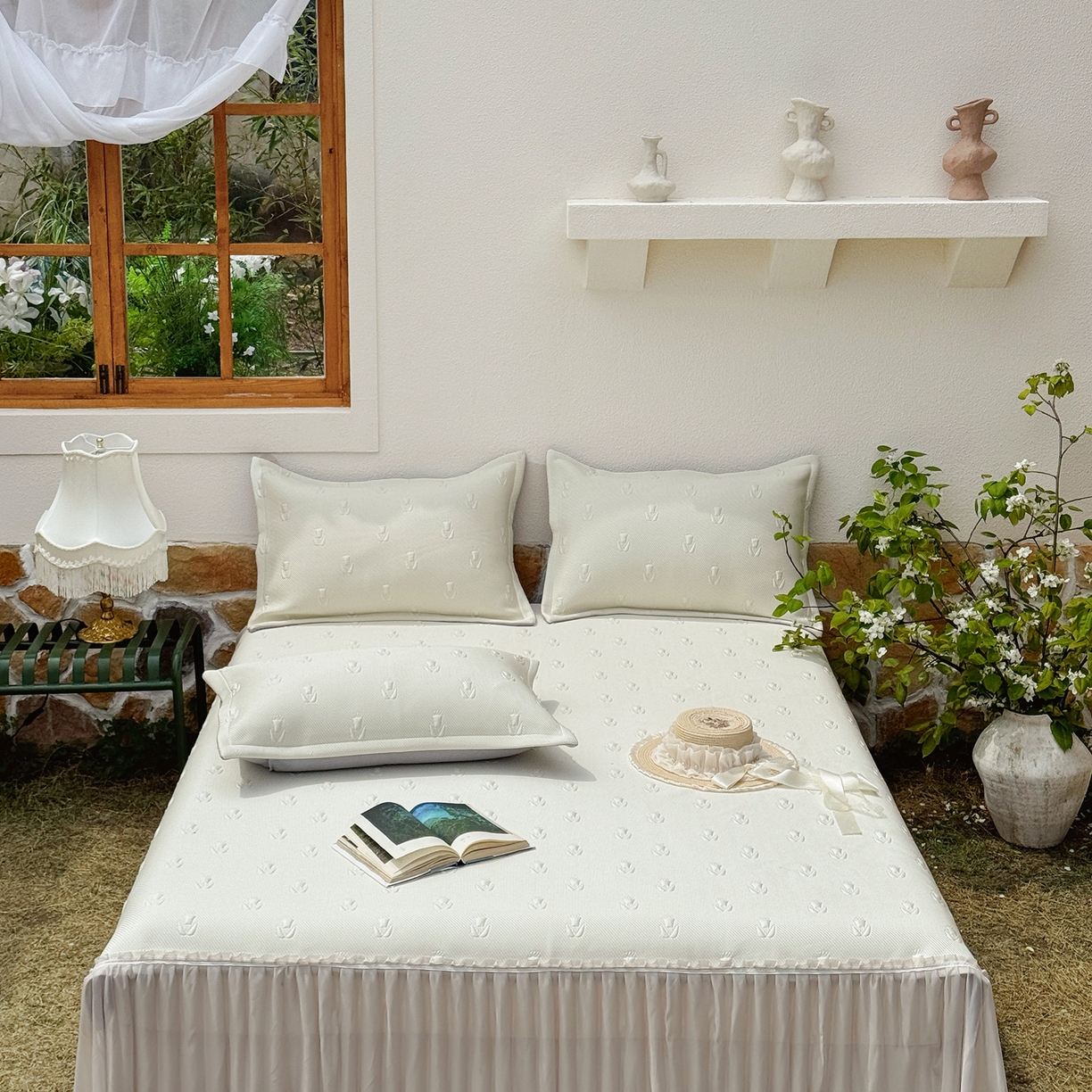 91家纺网 家纺一手货源 找家纺 恋尚羽家纺 2026新款高分子PE凉泡泡大床裙凉感席波浪冰豆豆凉席席子三件套-郁金香 郁金香-米白色