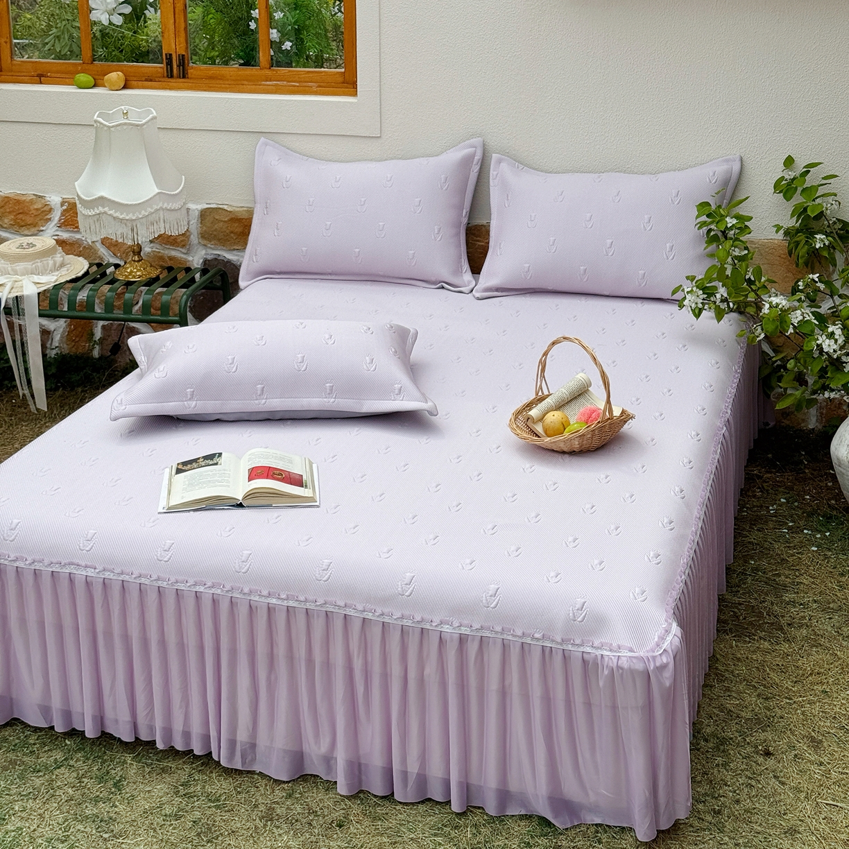 91家纺网 家纺一手货源 找家纺 恋尚羽家纺 2026新款高分子PE凉泡泡大床裙凉感席波浪冰豆豆凉席席子三件套-郁金香 郁金香-紫色