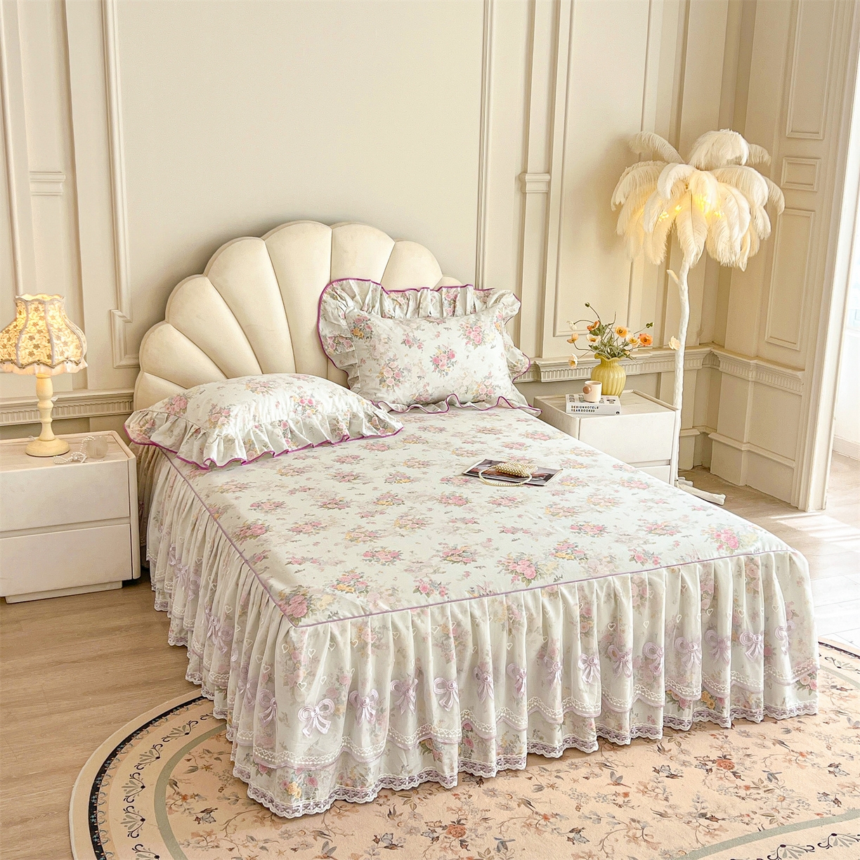 91家纺网 家纺一手货源 找家纺 宜凡家纺 2026新款全棉公主风单层床裙三件套 朝花心悦