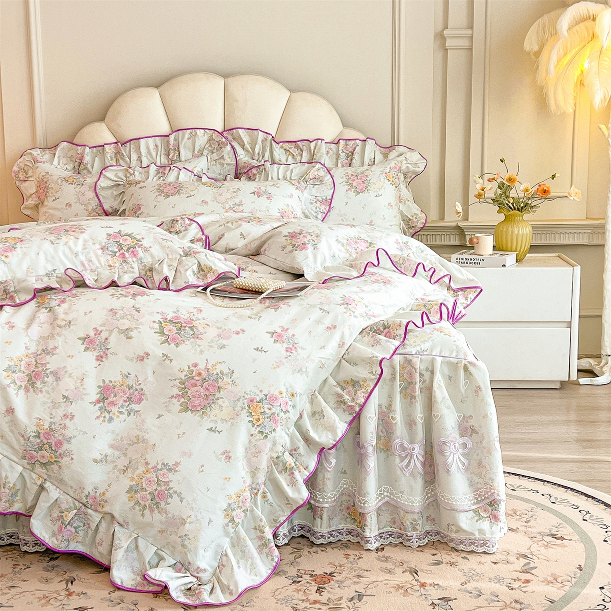 91家纺网 家纺一手货源 找家纺 宜凡家纺 2026新款全棉公主风单层床裙三件套 朝花心悦