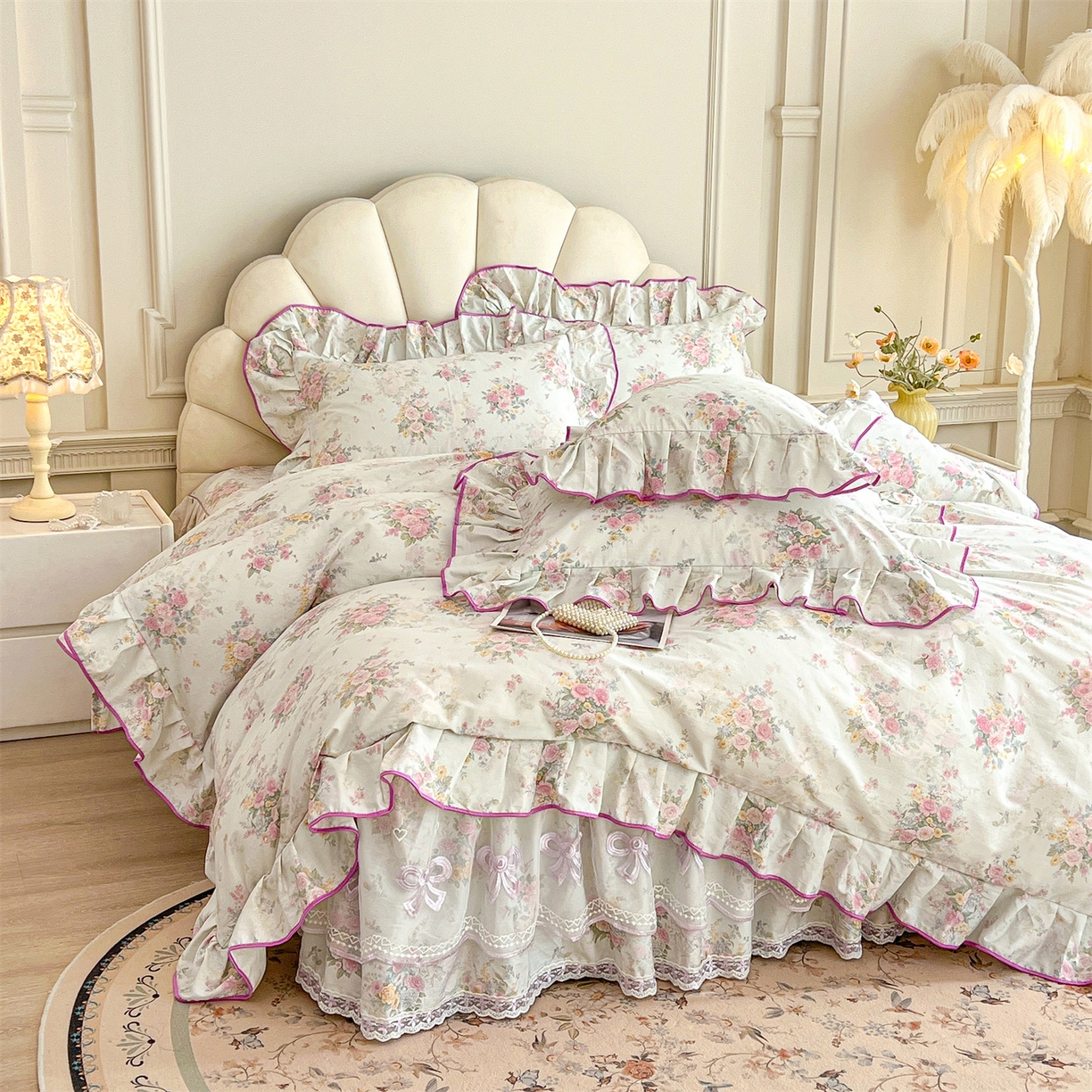 91家纺网 家纺一手货源 找家纺 宜凡家纺 2026新款全棉公主风单层床裙三件套 朝花心悦