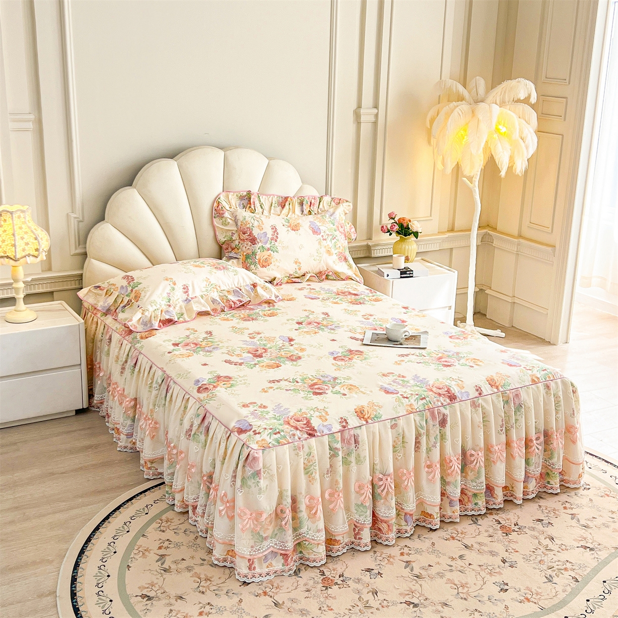 91家纺网 家纺一手货源 找家纺 宜凡家纺 2026新款全棉公主风单层床裙三件套 春色入梦