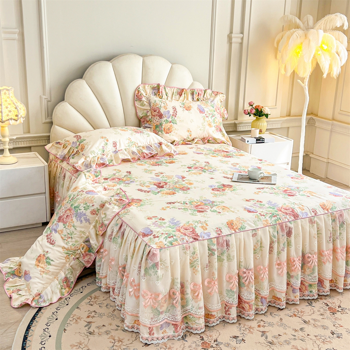 91家纺网 家纺一手货源 找家纺 宜凡家纺 2026新款全棉公主风单层床裙三件套 春色入梦