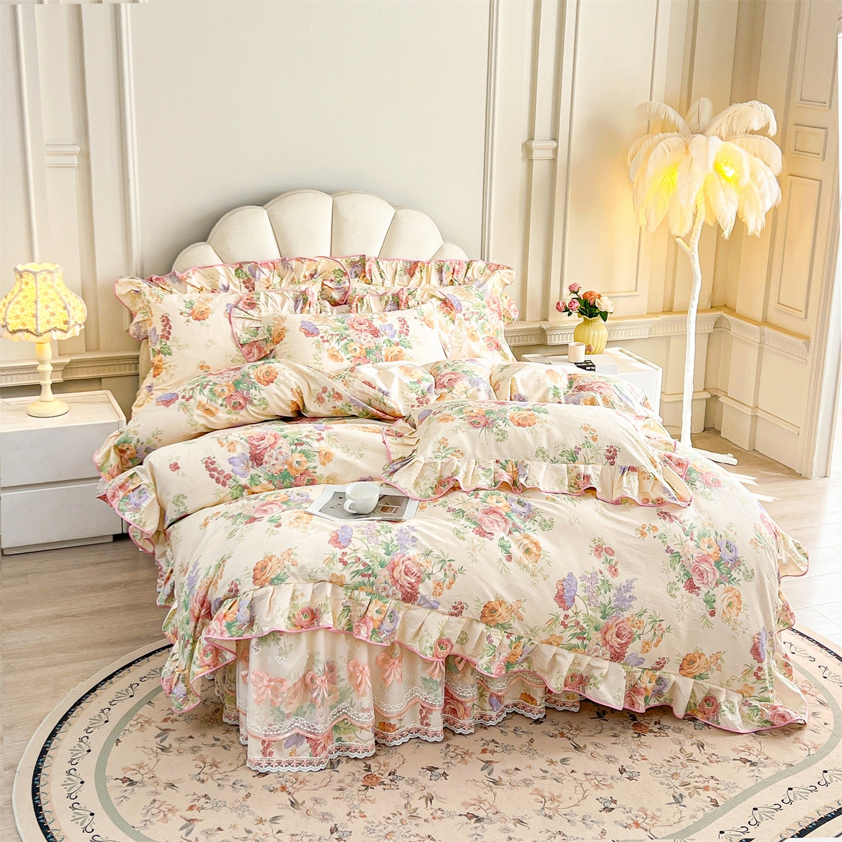 91家纺网 家纺一手货源 找家纺 宜凡家纺 2026新款全棉公主风单层床裙三件套 春色入梦