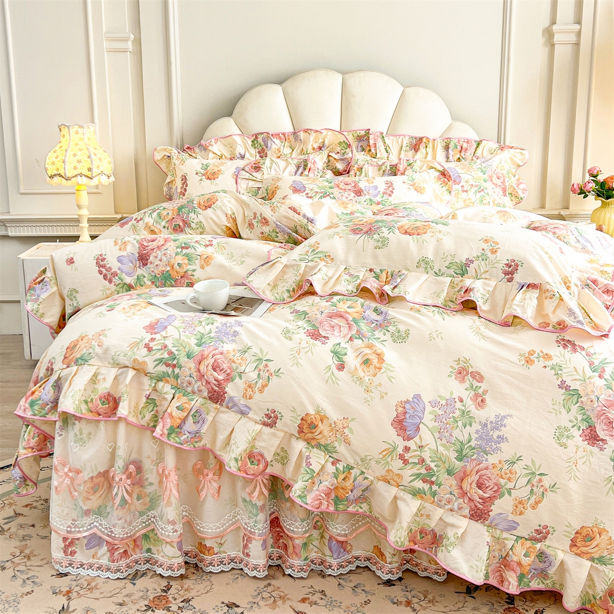 91家纺网 家纺一手货源 找家纺 宜凡家纺 2026新款全棉公主风单层床裙三件套 春色入梦