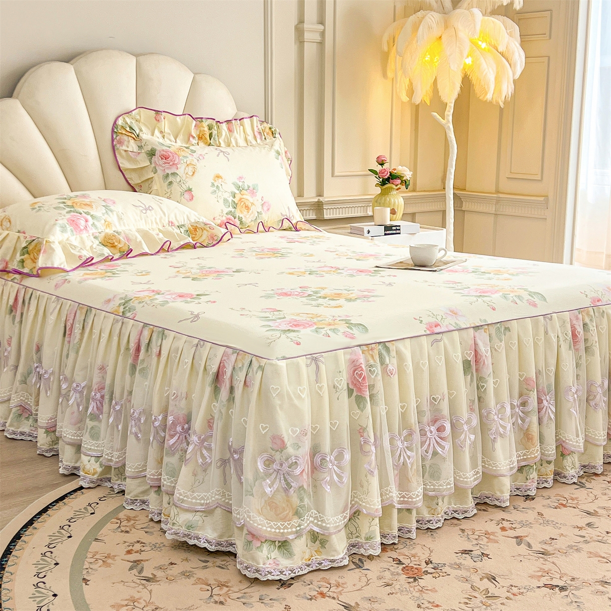 91家纺网 家纺一手货源 找家纺 宜凡家纺 2026新款全棉公主风单层床裙三件套 沐颜月朵