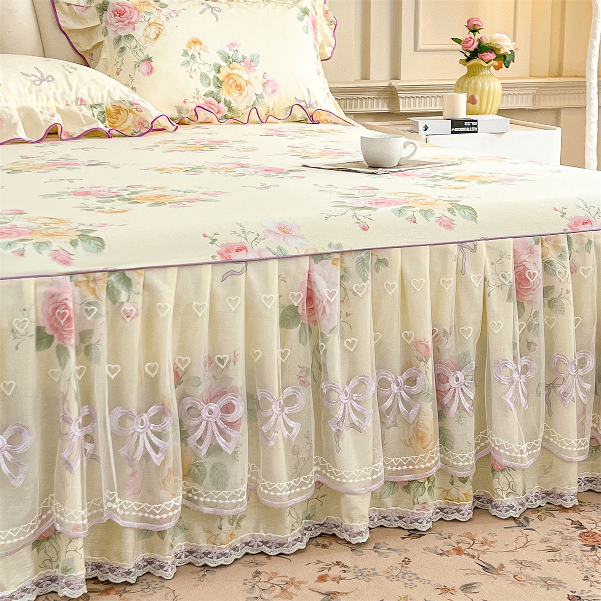 91家纺网 家纺一手货源 找家纺 宜凡家纺 2026新款全棉公主风单层床裙三件套 沐颜月朵