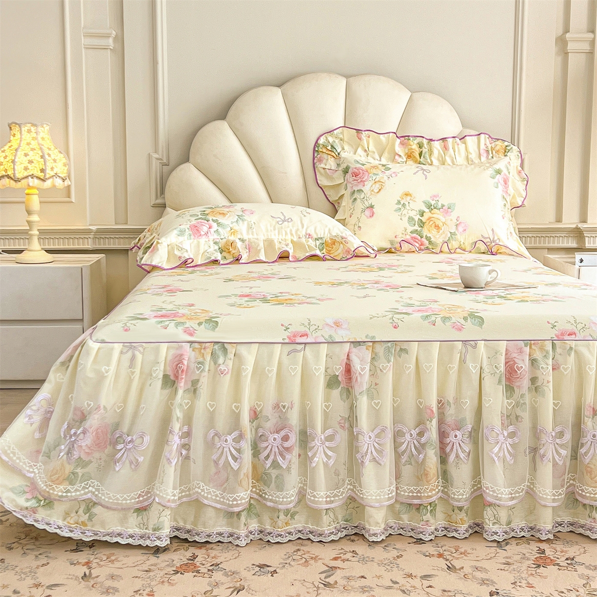 91家纺网 家纺一手货源 找家纺 宜凡家纺 2026新款全棉公主风单层床裙三件套 沐颜月朵