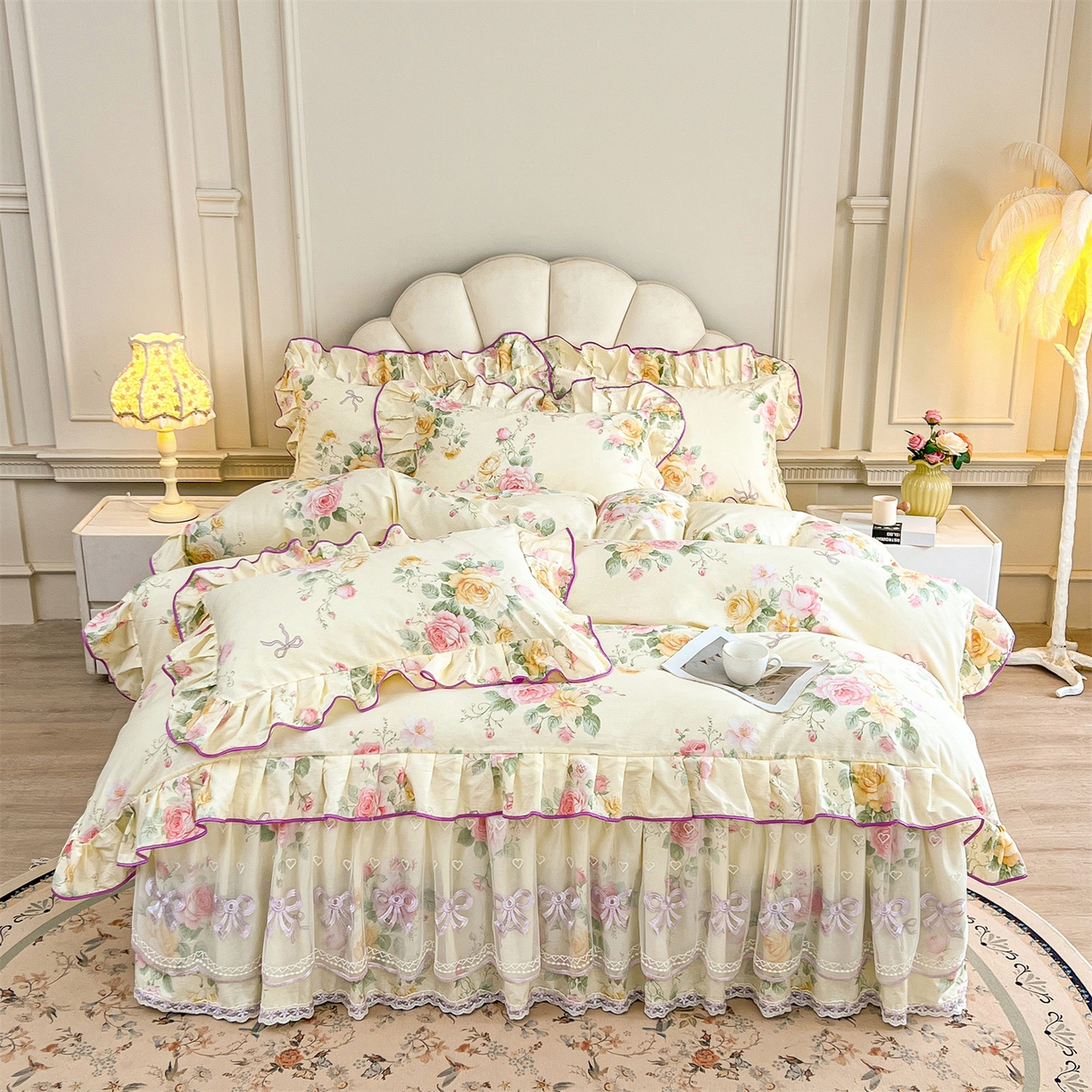 91家纺网 家纺一手货源 找家纺 宜凡家纺 2026新款全棉公主风单层床裙三件套 沐颜月朵