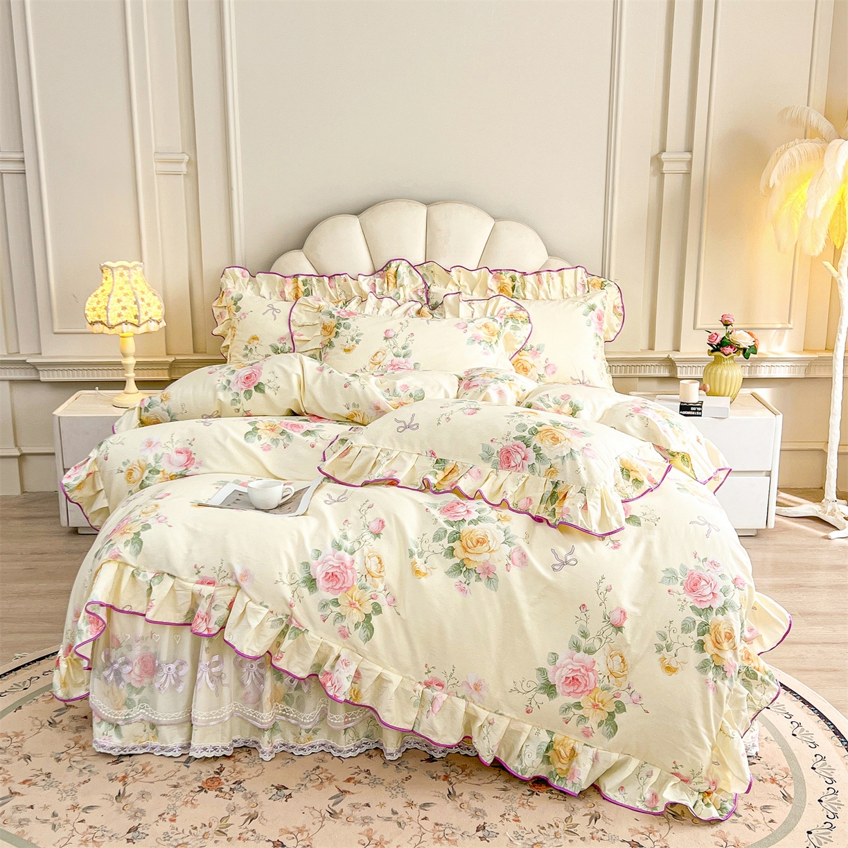 91家纺网 家纺一手货源 找家纺 宜凡家纺 2026新款全棉公主风单层床裙三件套 沐颜月朵