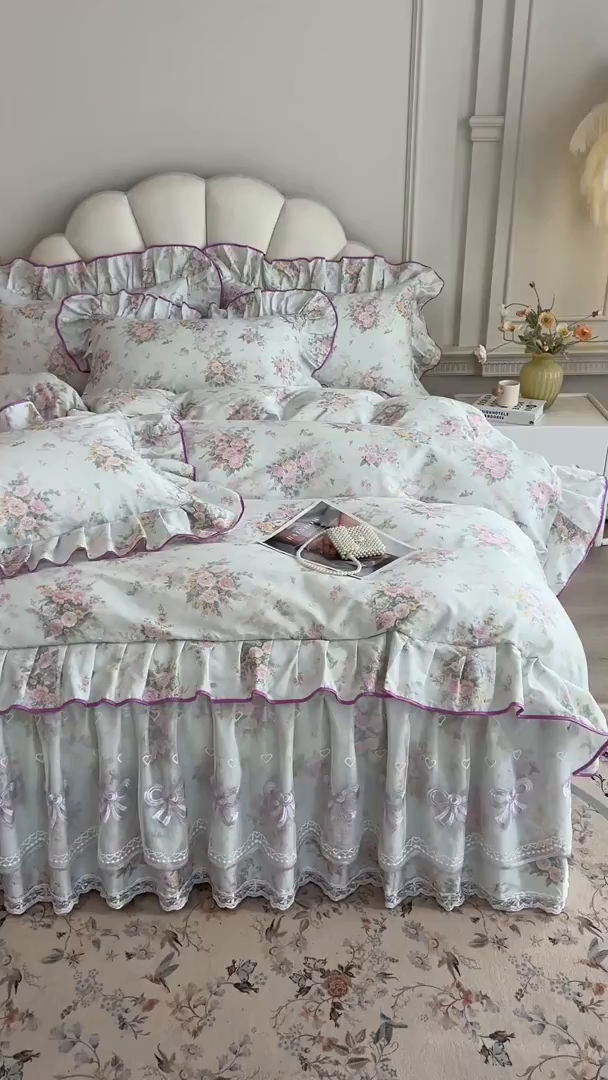 91家纺网 家纺一手货源 找家纺 （总）宜凡家纺 2026新款全棉印花公主风单层床裙四件套