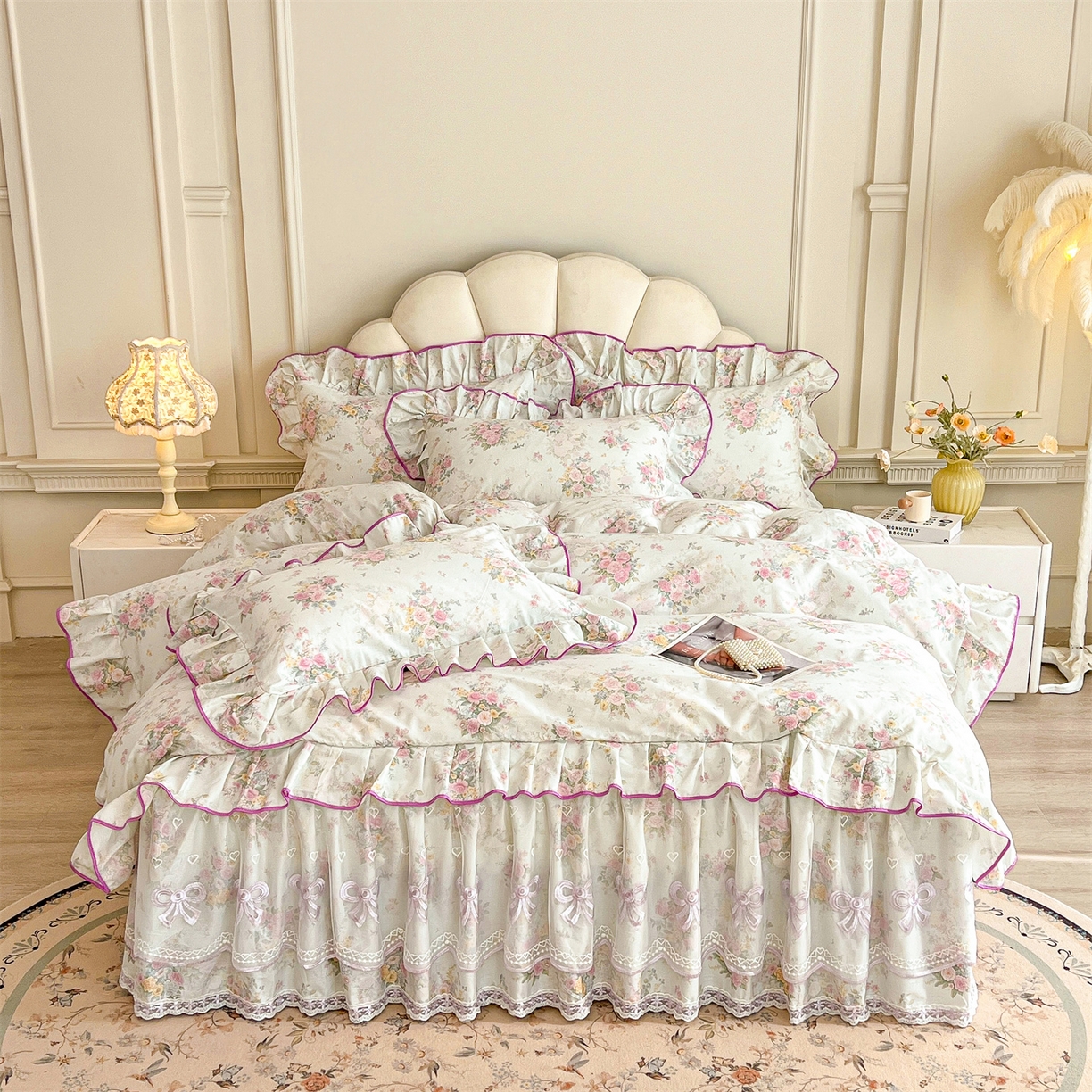 91家纺网 家纺一手货源 找家纺 宜凡家纺 2026新款全棉印花公主风单层床裙四件套 朝花心悦