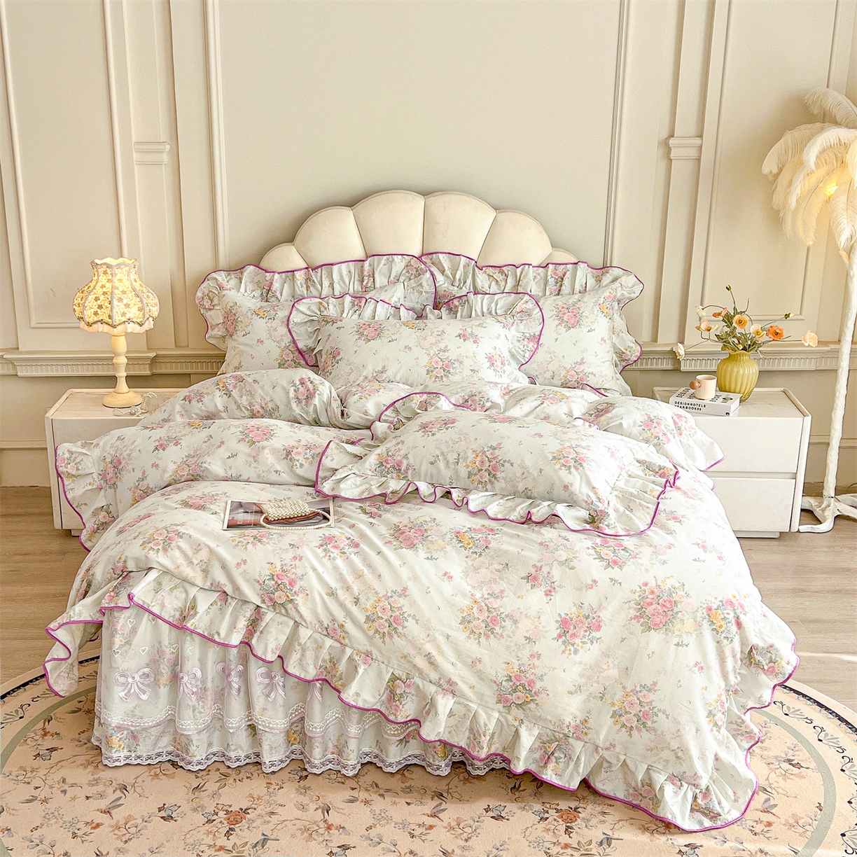 91家纺网 家纺一手货源 找家纺 宜凡家纺 2026新款全棉印花公主风单层床裙四件套 朝花心悦