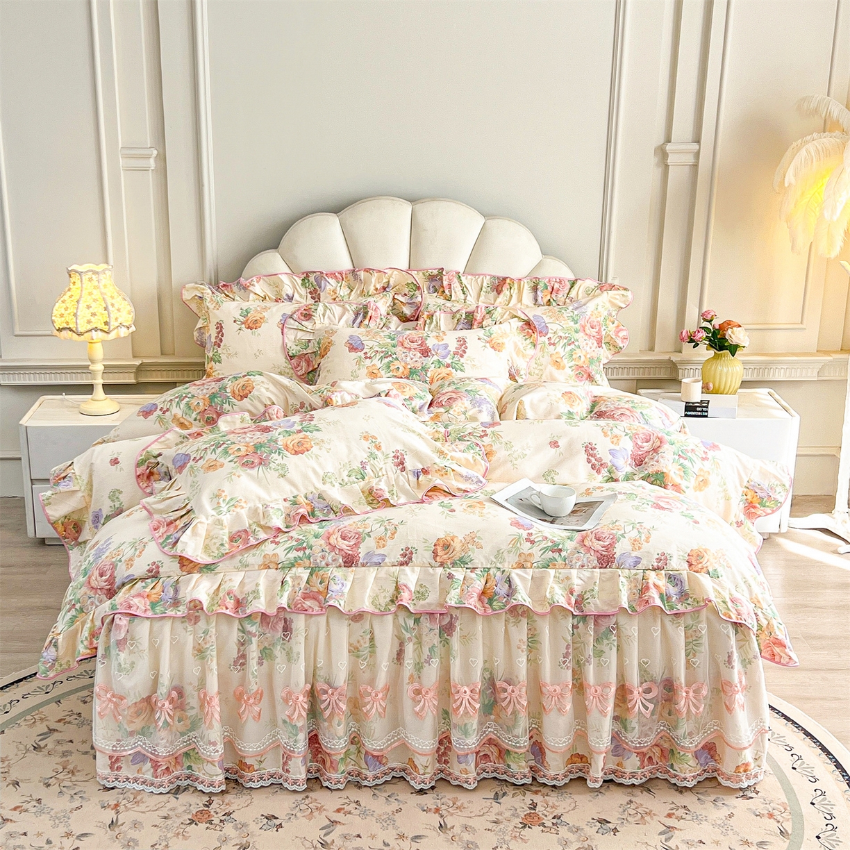 宜凡家纺 2026新款全棉印花公主风单层床裙四件套 春色入梦