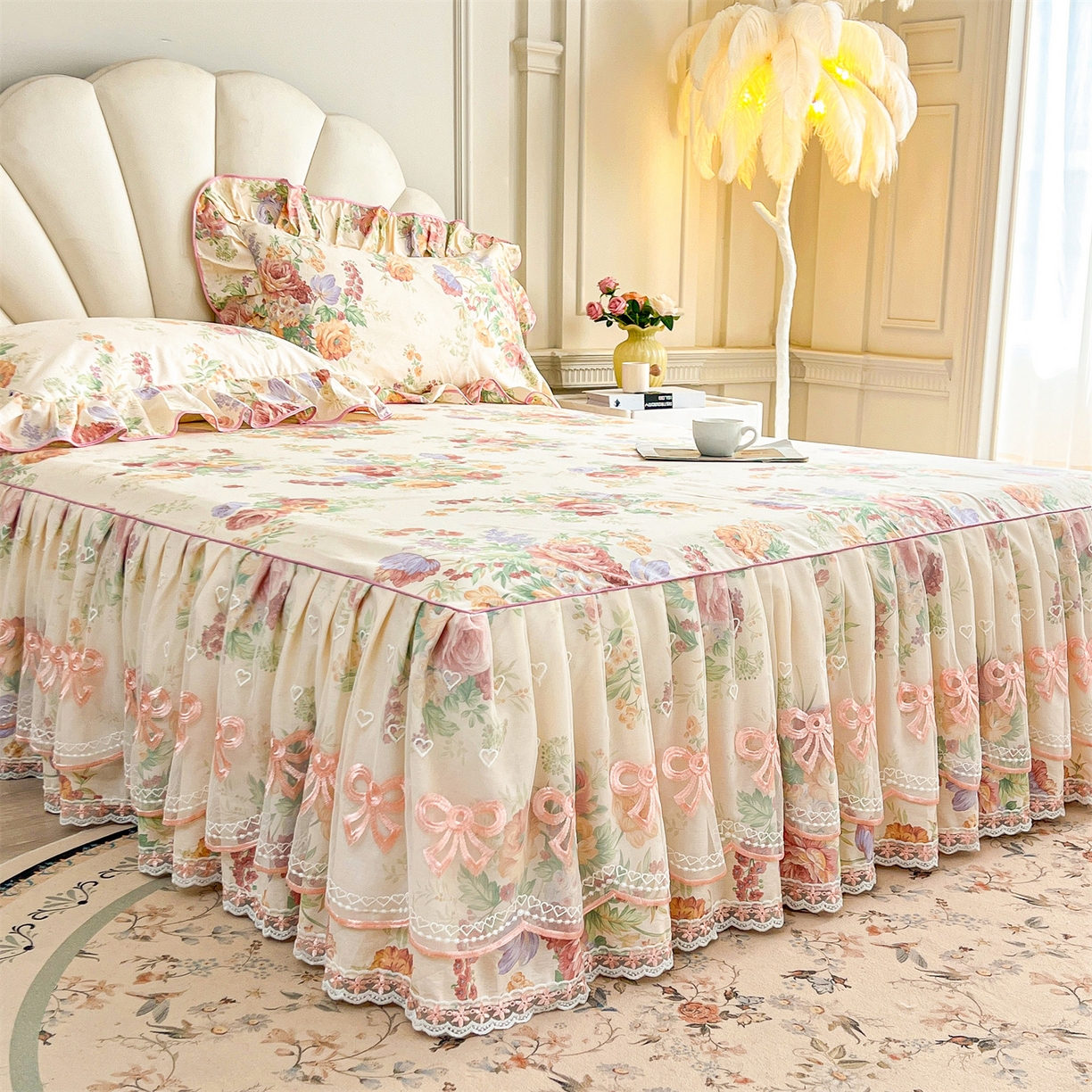 91家纺网 家纺一手货源 找家纺 宜凡家纺 2026新款全棉印花公主风单层床裙四件套 春色入梦