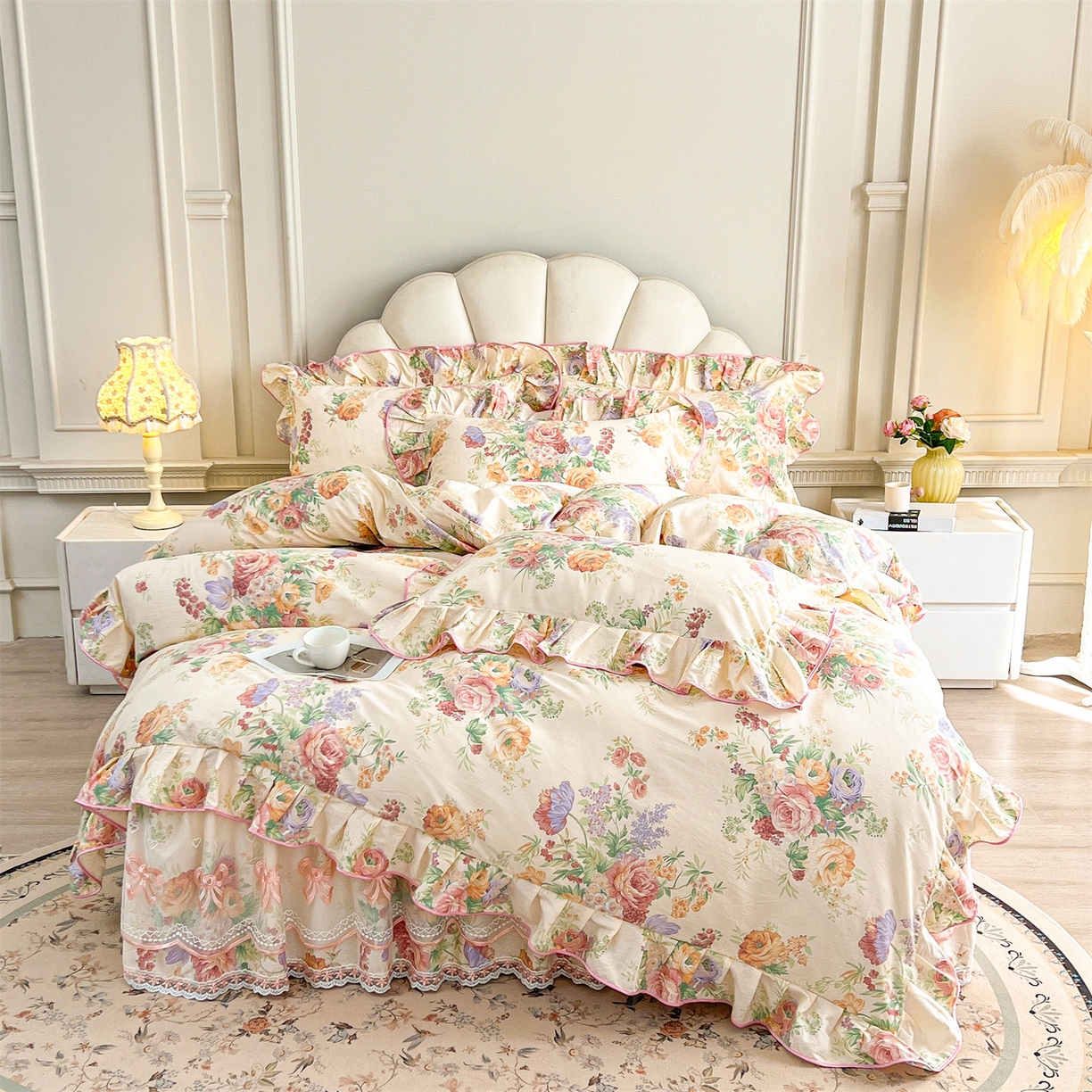 91家纺网 家纺一手货源 找家纺 宜凡家纺 2026新款全棉印花公主风单层床裙四件套 春色入梦