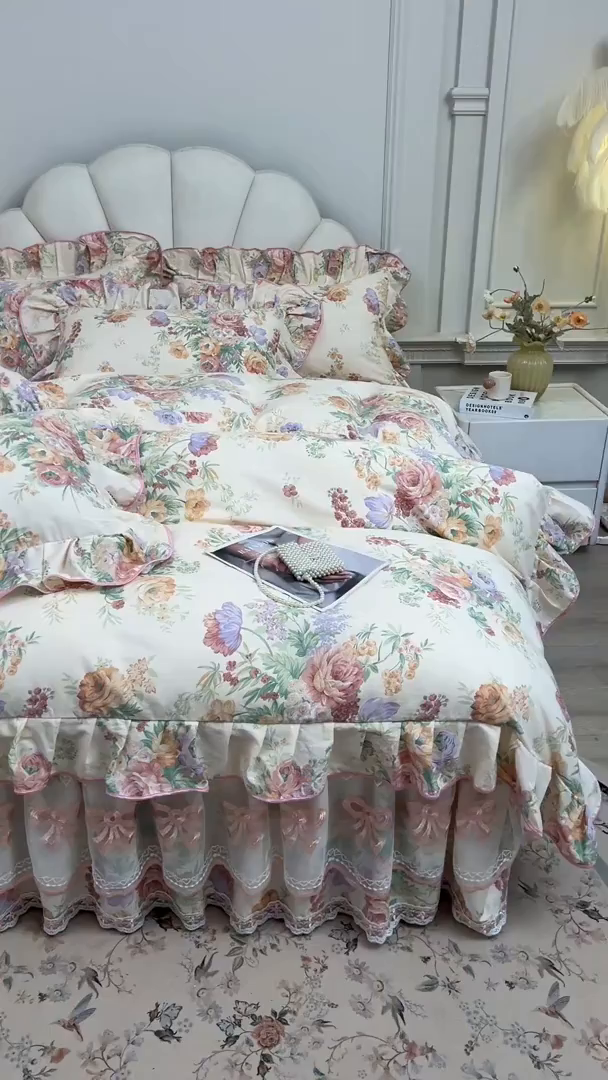 91家纺网 家纺一手货源 找家纺 宜凡家纺 2026新款全棉印花公主风单层床裙四件套 春色入梦