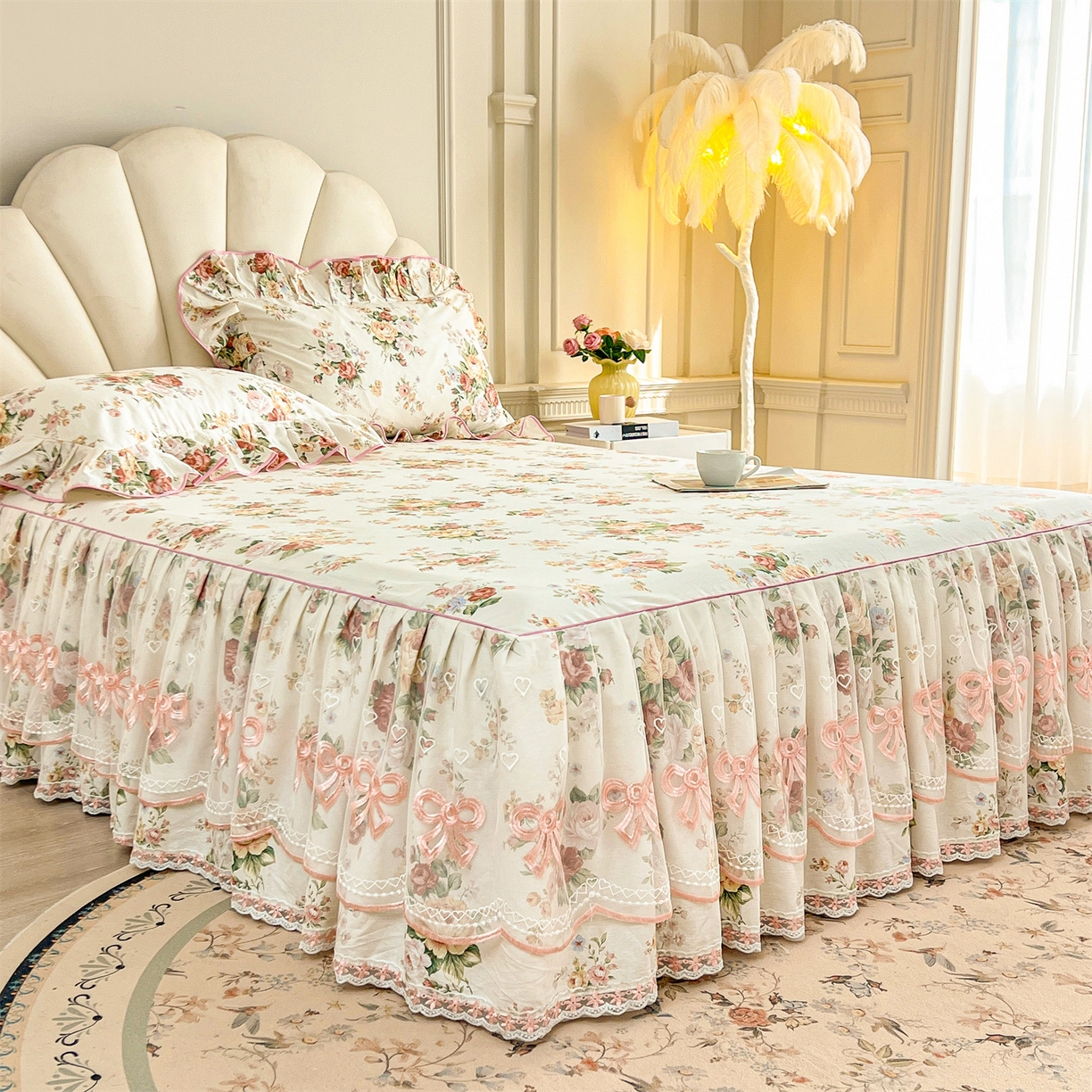 91家纺网 家纺一手货源 找家纺 宜凡家纺 2026新款全棉印花公主风单层床裙四件套 洛川花海