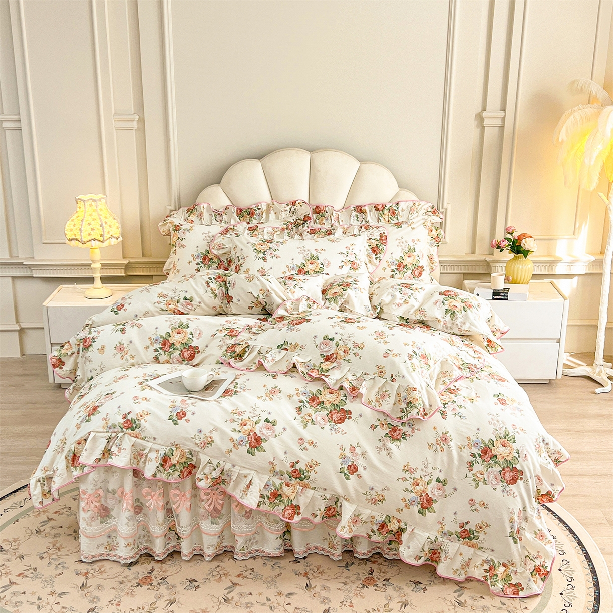 91家纺网 家纺一手货源 找家纺 宜凡家纺 2026新款全棉印花公主风单层床裙四件套 洛川花海