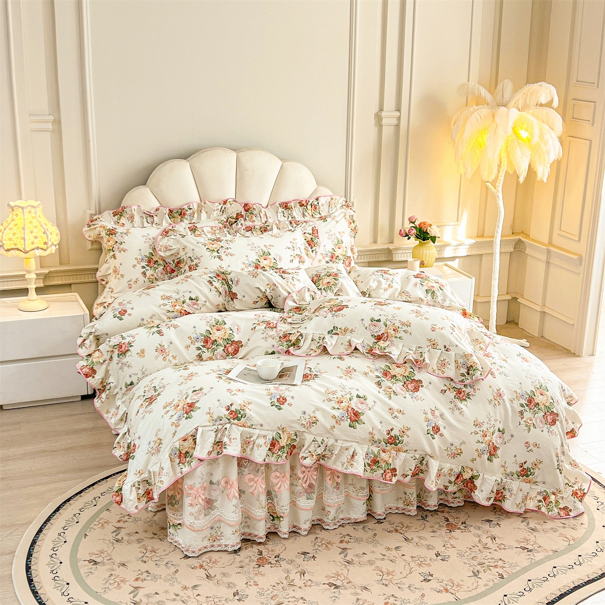 91家纺网 家纺一手货源 找家纺 宜凡家纺 2026新款全棉印花公主风单层床裙四件套 洛川花海