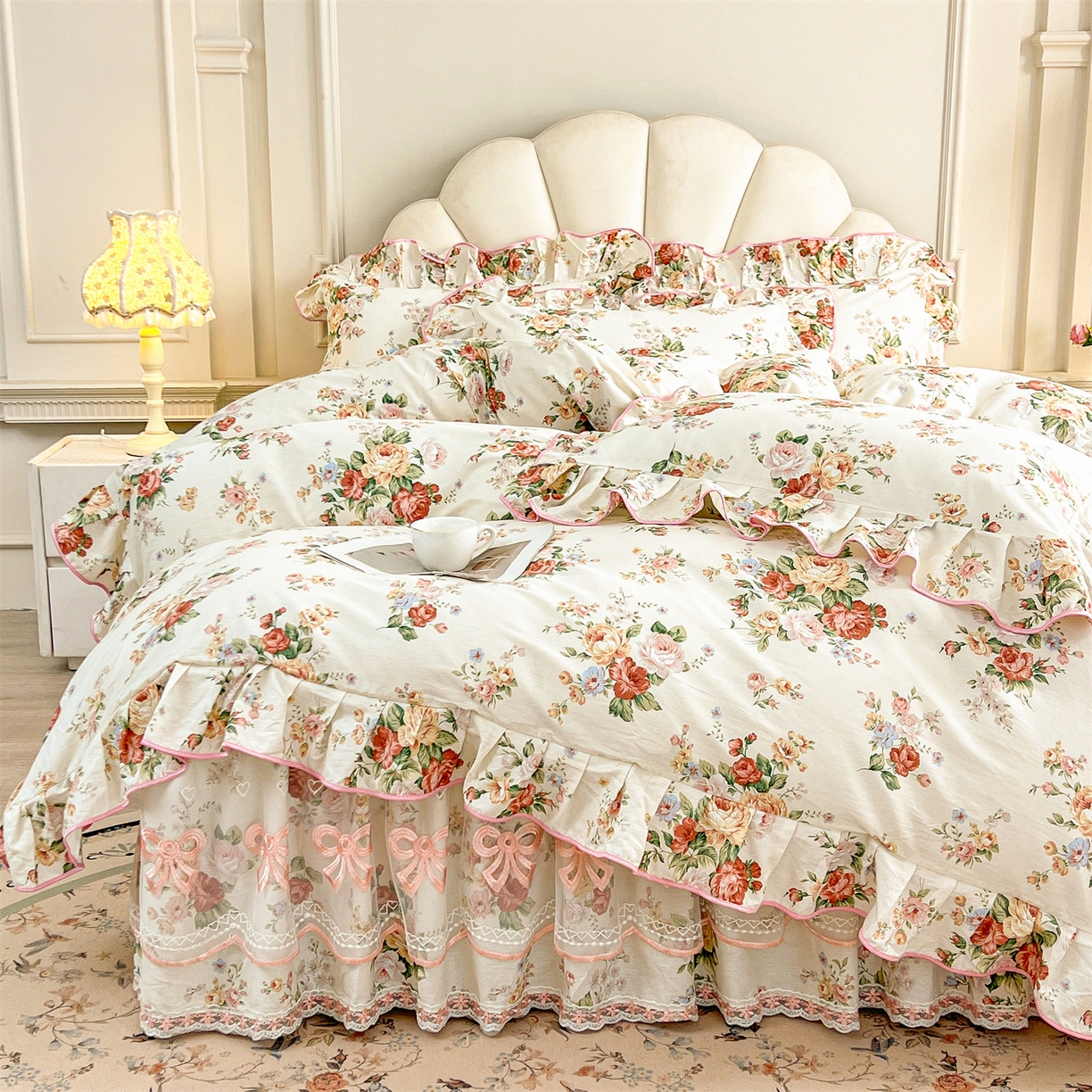 91家纺网 家纺一手货源 找家纺 宜凡家纺 2026新款全棉印花公主风单层床裙四件套 洛川花海