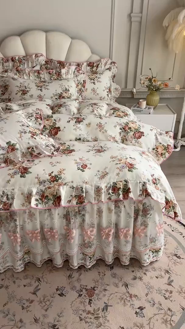 91家纺网 家纺一手货源 找家纺 宜凡家纺 2026新款全棉印花公主风单层床裙四件套 洛川花海