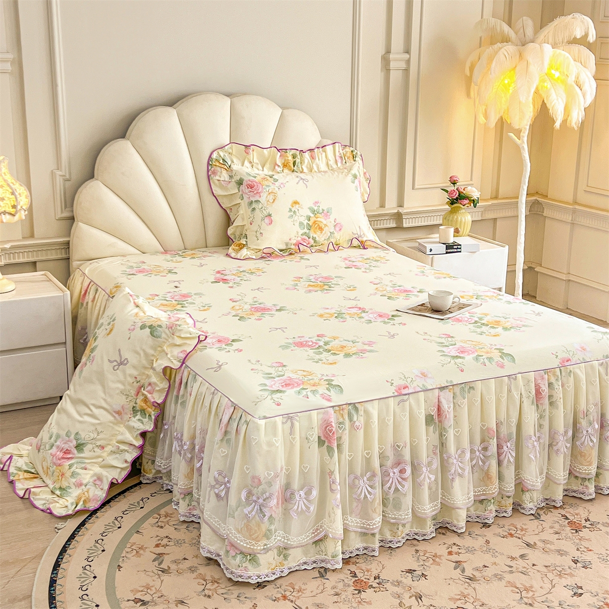 91家纺网 家纺一手货源 找家纺 宜凡家纺 2026新款全棉印花公主风单层床裙四件套 沐颜月朵