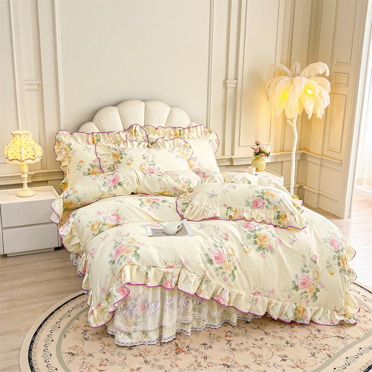 91家纺网 家纺一手货源 找家纺 宜凡家纺 2026新款全棉印花公主风单层床裙四件套 沐颜月朵