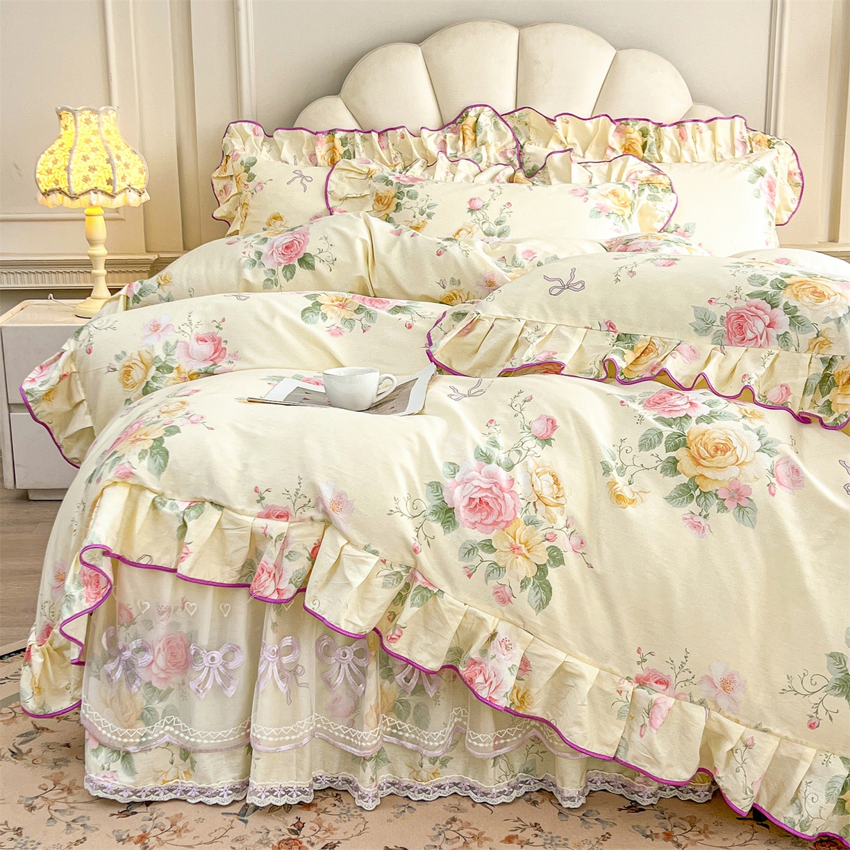 91家纺网 家纺一手货源 找家纺 宜凡家纺 2026新款全棉印花公主风单层床裙四件套 沐颜月朵