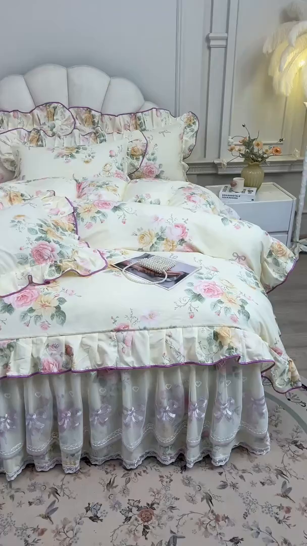 91家纺网 家纺一手货源 找家纺 宜凡家纺 2026新款全棉印花公主风单层床裙四件套 沐颜月朵