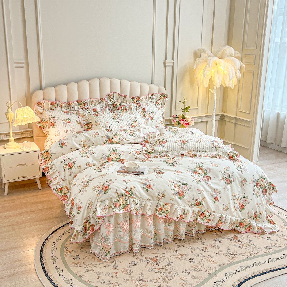 91家纺网 家纺一手货源 找家纺 宜凡家纺 2026新款全棉印花公主风夹棉床裙三件套 洛川花海