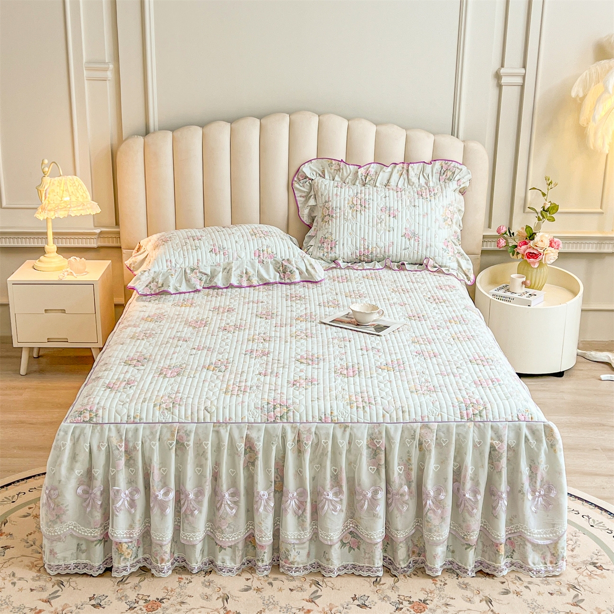 91家纺网 家纺一手货源 找家纺 （总）宜凡家纺 2026新款全棉印花公主风夹棉床裙四件套